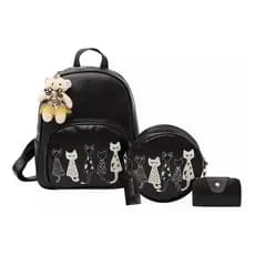 Mochila Escolar Feminina Gato Preta 35L Couro Sintético Moderno Estilo Europeu