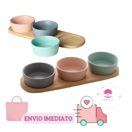 Kit Petisqueira de Cerâmica com Bandeja de Bambu