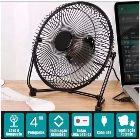 Ventilador de Mesa Mini de 4 Pás USB Potente Portátil e Silencioso