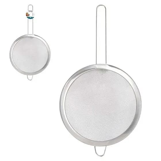 Peneira de Aço 18CM Inox Profissional para Cozinha Confeitaria e Bar Coador de Inox Trama Fina com Cabo Gancho de Apoio