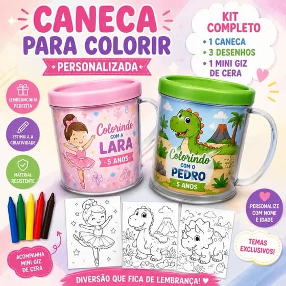 Caneca rosqueável personalizada - Caneca Infantil para Colorir Personalizada + Giz de Cera Festa Aniversário