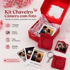 Kit Chaveiro Câmera Personalizado com Foto + 3 Fotos Polaroid Imã de Geladeira