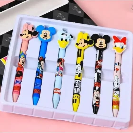 Caneta Tinteiro Escolar Retrátil Ponta Fina 0.5mm Mickey Minnie Margarida Donald