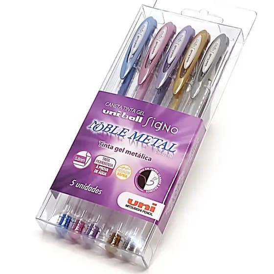 Kit Caneta Gel Signo Noble Metal Uni-ball Estojo c/5 Cores UM-120NM Papelaria Material Escolar