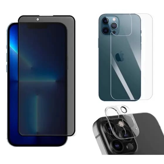KIT 3x1 IPhone 13 14 15 | Mini | Pro | Pro Max - Película de Privacidade 3D - Película Câmera 3D - Película Traseira