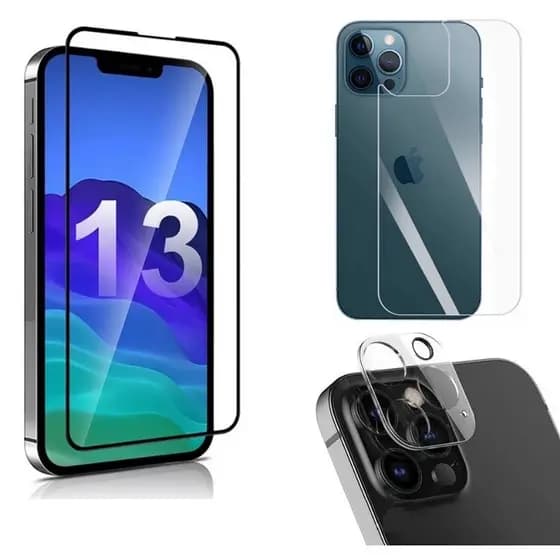 KIT 3x1 Premium IPhone 13 | 13 Mini | 13 Pro | 13 Pro Max - Película de Vidro 3D - Película Câmera 3D - Película Traseir
