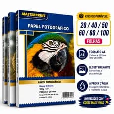 Kit 20 a 100 Folhas Papel Fotográfico A4 Brilhante 180g Premium Glossy Masterprint Inkjet À Prova d´Água