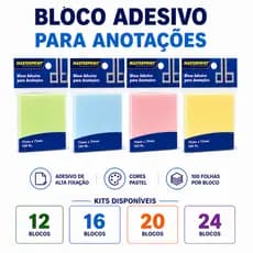 Kit 12 a 24 Bloco Adesivo 75x75mm 100 Folhas para Anotações Recados Colorido Masterprint