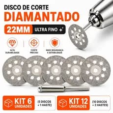 Kit Jogo Disco de Corte Diamantado 22mm com Haste para Micro Retífica Dremel Furadeira Alta Precisão