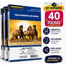 Kit 40 Folhas Papel Fotográfico Adesivo A4 Brilhante 130g Premium Glossy Masterprint Inkjet À Prova d´Água