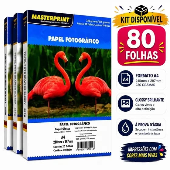Kit 80 Folhas Papel Fotográfico A4 Brilhante 230g Premium Glossy Masterprint Inkjet À Prova d´Água
