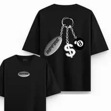 Camiseta Oversized Ripfire Chaveiro Streetwear Preta Estampa Bola 8 Cifrão  Moda Urbana Unissex 100% Algodão