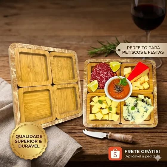 Conjunto Petisqueira Madeira  4 Peças Tábua Para Aperitivos  Petiscos Serve Rústico Resistente