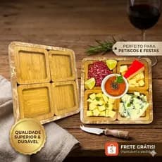 Conjunto Petisqueira Madeira  4 Peças Tábua Para Aperitivos  Petiscos Serve Rústico Resistente