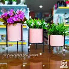 Vaso Cachepot Cerâmica Rosa com Suporte, Vaso Decorativo, Vaso para Suculentas