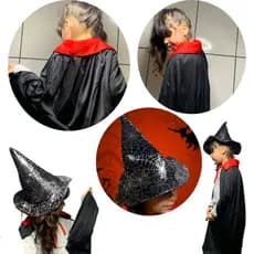 KIT FANTASIA UNISSEX Halloween 2 pçs Capa Drácula + Chapéu Bruxa Bruxo Halloween Hotel Transilvânia Capa De