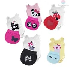 Kit 5 Conjunto de bebê Nenê Menina Feminino 10 Peças  5 Body estampado Regata  5 Shorts Tapa Fralda
