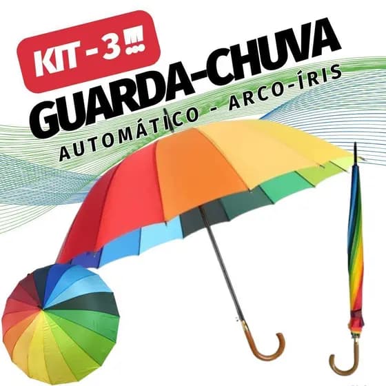 Guarda Chuva Automático Colorido KIT 3 Grande Resistente