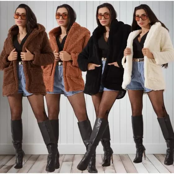 Casaco Pelinhos Sobretudo Teddy Com Capuz e Bolsos Laterais Inverno Jaqueta Feminina Manga Longa