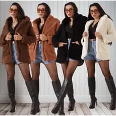 Casaco Pelinhos Sobretudo Teddy Com Capuz e Bolsos Laterais Inverno Jaqueta Feminina Manga Longa