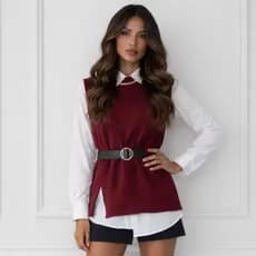 Conjunto Camisa E Colete Tricot Com Cinto Elegante Para Looks Sofisticados