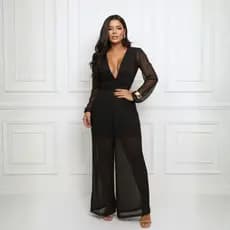 Macacão Longo Tule Pantalona Manga Longa Laço Transparente