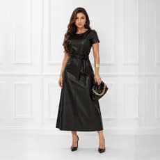 Vestido Midi Evangélico Manga Curta Longuete Couro Fake Cinto Elegante