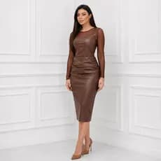 Conjunto Body Tule Vestido Couro Franzido Lateral Regata Feminino Moda Outono