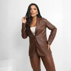 Blazer Feminino Couro Pu Botão Frontal Moda Outono Inverno