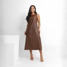 Vestido Feminino Longuete Midi Casual Regata Soltinho Couro Fake