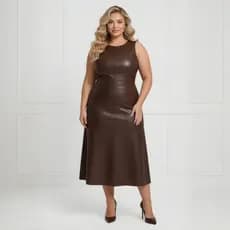 Vestido Feminino Plus Size Midi Longuete Couro Fake Evangélico Elegante