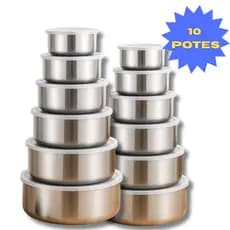 Jogo 10 Potes Tigelas em Inox Alumínio Com Tampa Redondo