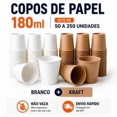 KIT 50 A 250Uni. de Copo de Papel BRANCO ou KRAFT Biodegradável 180ML | Ideal para Café Chá Leite