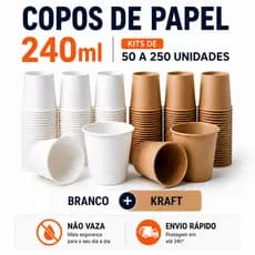 Kit Copo De Papel Biodegradavel 240ml Kraft Branco Cafe