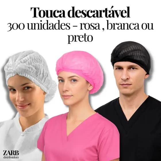 Kit 300 Uni. Touca Descartável TNT - Preta, Branca ou Rosa