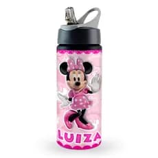 Garrafa squeeze escolar alumínio Minnie Rosa personalizada com nome