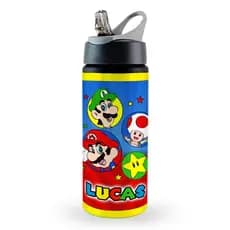 Garrafa squeeze escolar alumínio Super Mario personalizada com nome