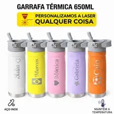 Garrafa Térmica Inox 650ml Personalizada com Alça e Canudo Com Nome Logo Time