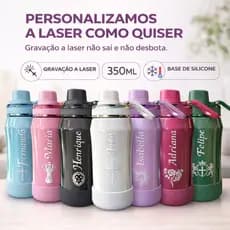 Garrafa Térmica com Silicone 350ml Holografica Personalizada Como quiser Alça Esportiva Protetor