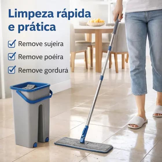 Mop Flat  Balde Lava E Seca Com 2 Refis Limpeza Rápida Fácil Mais Agilidade Casa Limpa em Minutos