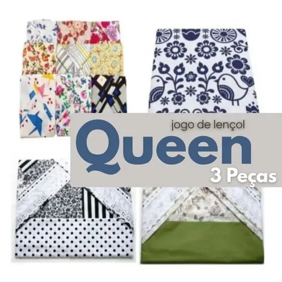Kit Jogo de Lençol Queen 3 Peças com Elástico 1,98m x1,58m x 0,3m de Altura Estampas Sortidas OFERTA