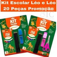 Kit Material Escolar Lista  20 Peças - 12 Lapis de Cor 4 Lapis grafite HB Apontador Tesoura e Borracha Leo & Leo