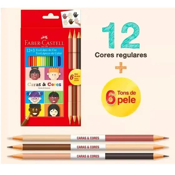 Lapis de Cor Faber Castell Caras & Cores 12 Cores + 6 Tons De Pele - Material escolar 2026