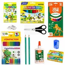 Kit Material Escolar Infantil Lápis de Cor Canetinha Giz de Cera Guache Massinha Lápis Borracha Apontador Cola Tesoura
