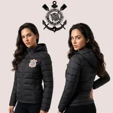 Jaqueta Puffer Feminina Corinthians Oficial Com Capuz Forrada Ideal Para Frio e Inverno