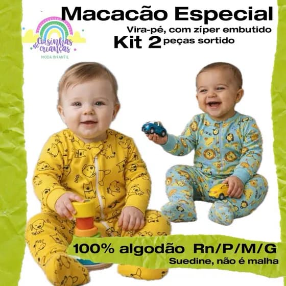 Kit Macacão Suedine vira pé com zíper, kit 2 peças macacões vira pé , pijama bebê, 100% algodão, macacão 2 peças sortido