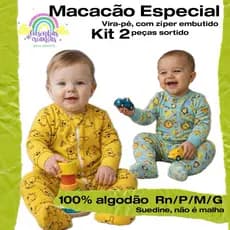 Kit Macacão Suedine vira pé com zíper, kit 2 peças macacões vira pé , pijama bebê, 100% algodão, macacão 2 peças sortido