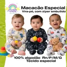 Macacão 100% algodão, zíper embutido, vira pé, macacão suedine, menina e menino, estampas sortidas. Pijama com zíper