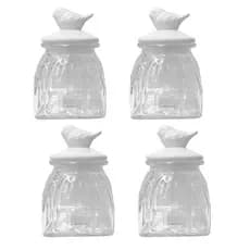Kit 4 Potes Vidro Tampa Cerâmica Pássaro 750ml Class Home