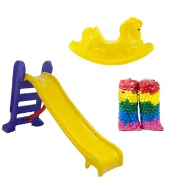 Kit Diversão Infantil Completo – Escorregador Médio com 3 Degraus + Gangorra Cavalinho +  100 bolinhas coloridas